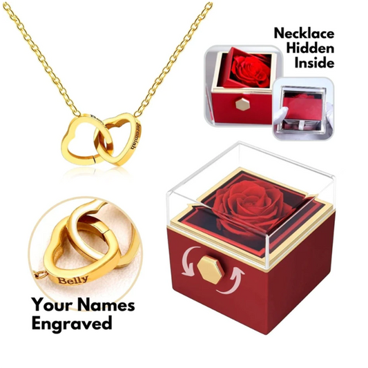 CUSTOM NAME DOUBLE HEART NECKLACE - ROTATING ROSE BOX-TO MY LOVE